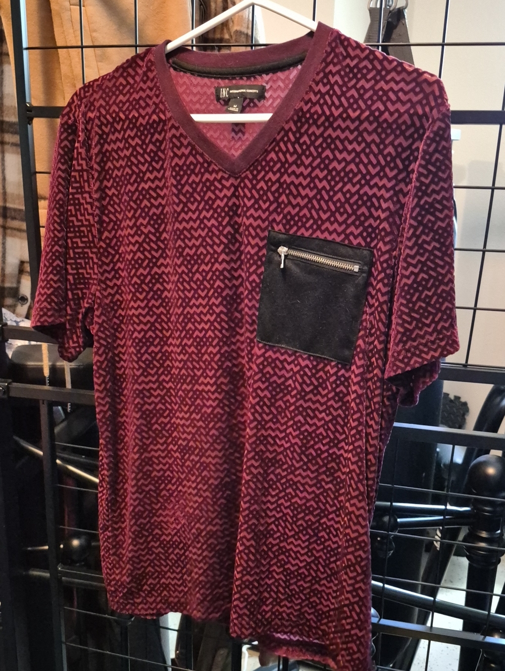 INC International Concepts Burgundy Patterned V-Neck Tee with Black Zip Pocket